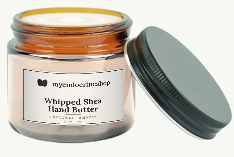 Whipped Shea Hand Butter in an amber glass jar with a myendocrineshop label